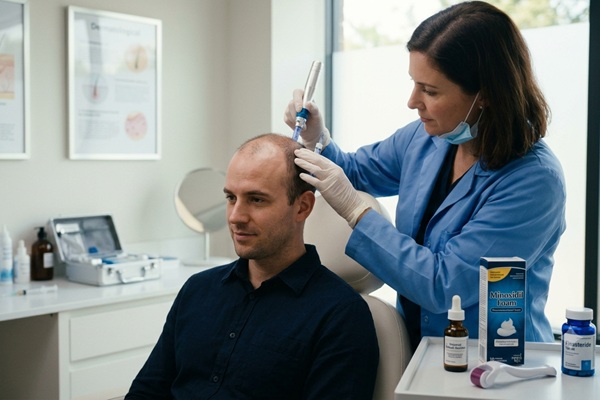 Soluciones a la alopecia - Médico especialista aplicando un tratamiento capilar a un hombre para frenar la caída del pelo