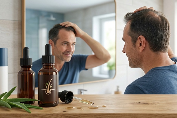 Soluciones a la alopecia - Hombre observando frente al espejo el crecimiento del pelo gracias al uso de productos para la caída del cabello