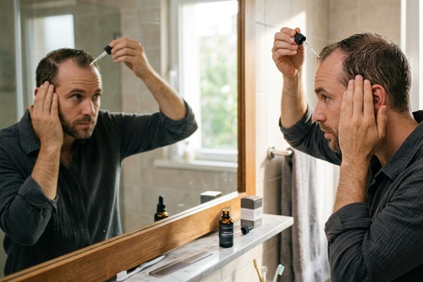 Hombre aplicándose un tratamiento capilar con finasteride tópico para detener la caída del cabello