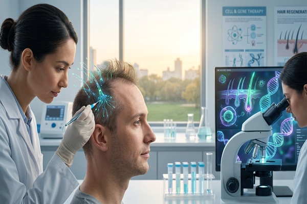 Terapias celulares - Médico capilar aplicando un tratamiento para la caída del cabello con células madre a un hombre con alopecia androgénica