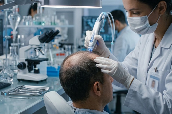 Terapias celulares - Médico tricólogo aplicando una terapia celular para frenar la caída del cabello de un hombre con alopecia