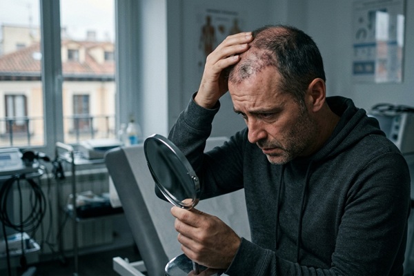 Trasplante capilar Madrid - Hombre observando con preocupación los resultados del injerto capilar antes y después