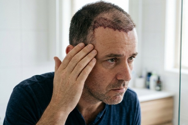 Hombre con una línea frontal irregular debido a un implante de cabello mal hecho