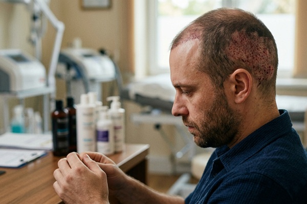 Hombre con una zona donante despoblada y con cicatrices debido a un procedimiento de injerto de cabello mal realizado