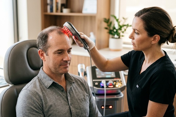 Tratamientos para alopecia - Especialista realizando un tratamiento láser a un hombre con alopecia para estimular el crecimiento del cabello