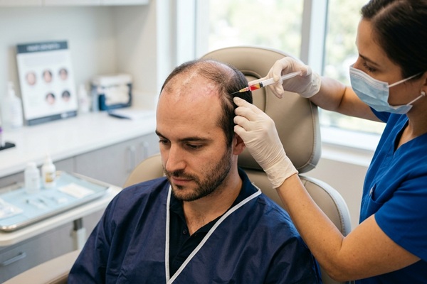 Tratamientos para alopecia - Médico especialista aplicando un tratamiento de plasma rico en plaquetas PRP a un hombre para hacer crecer el cabello