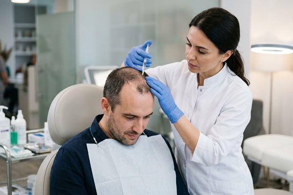 Tratamientos para alopecia - Tricóloga aplicando un tratamiento de mesoterapia capilar a un hombre con alopecia para estimular el crecimiento del cabello