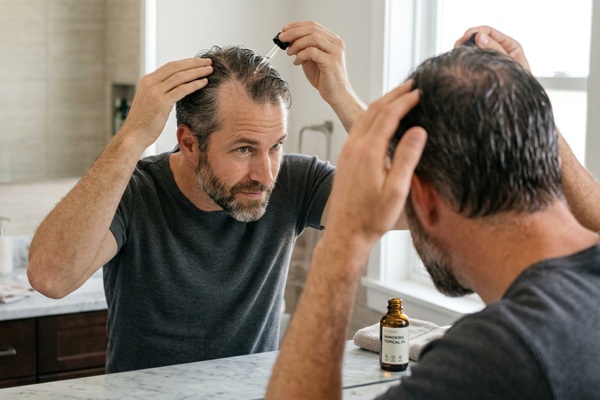 Hombre aplicando minoxidil en el cuero cabelludo para estimular el crecimiento del pelo