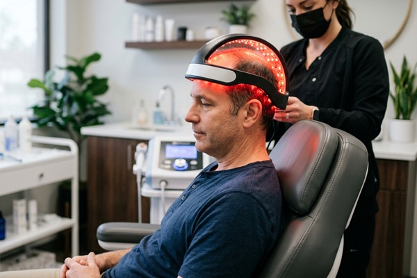 Hombre recibiendo una terapia avanzada de láser de baja potencia (LLLT) como alternativa al injerto capilar para hacer crecer el cabello
