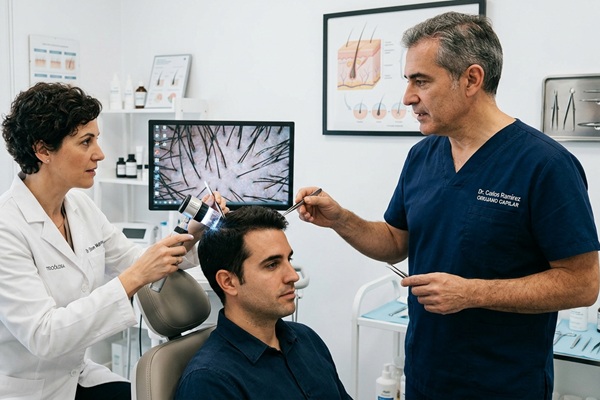 Tricólogo - Equipo de los mejores doctores injerto capilar España evaluando a un hombre con alopecia
