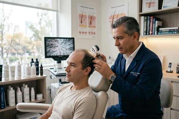 Tricólogo - Médico tricólogo evaluando a un hombre con alopecia avanzada en la mejor clínica injerto capilar España