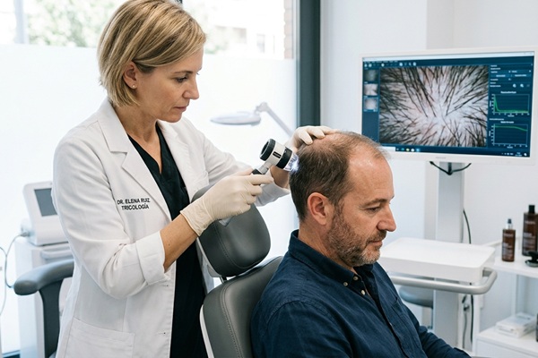 Médico capilar evaluando a un hombre con alopecia androgénica en la mejor clínica injerto capilar España