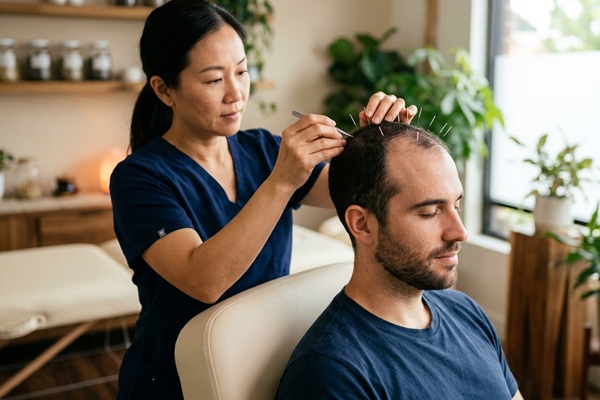 Acupuntura para la caída del cabello - Esteticista realizando un tratamiento de acupuntura a un hombre para frenar la alopecia