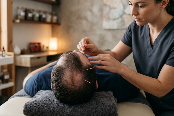 Acupuntura para la caída del cabello - Hombre realizándose un tratamiento de acupuntura para detener la alopecia