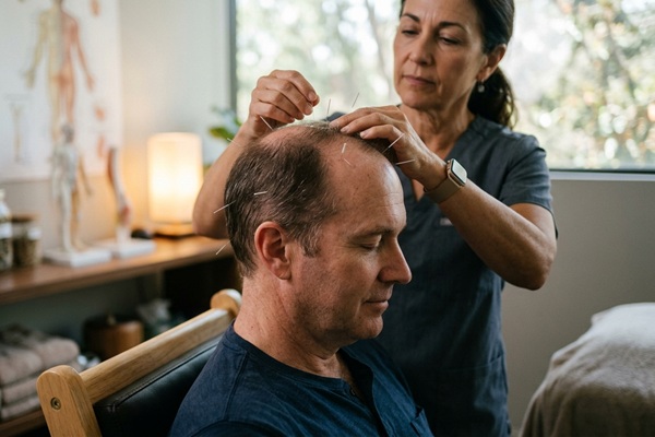 Acupuntura para la caída del cabello - Hombre realizándose un tratamiento de acupuntura para detener la alopecia