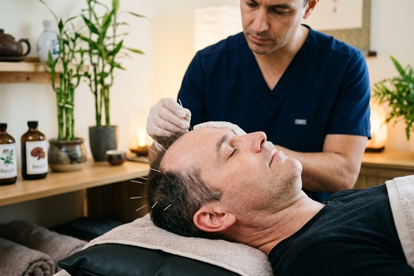 Esteticista realizando un tratamiento holístico a un hombre para frenar la alopecia