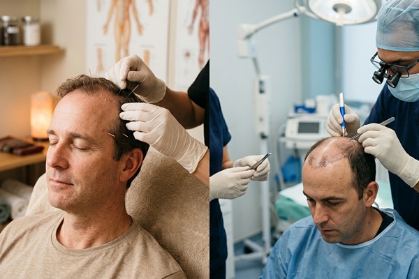 Imagen comparativa de un tratamiento tradicional y un injerto capilar para frenar la alopecia y recuperar la densidad capilar