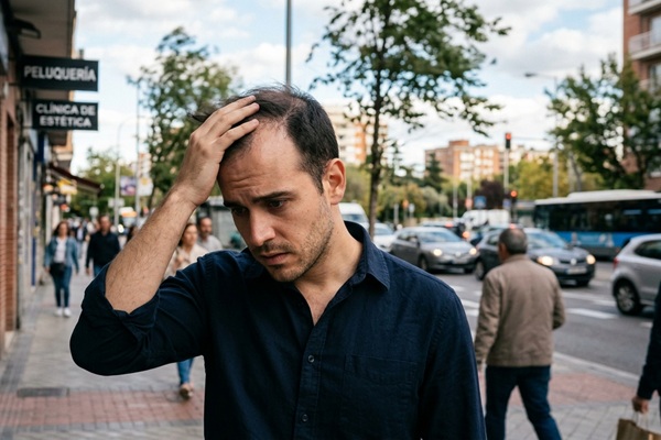 Causas externas de la caída del cabello - Hombre con cara de preocupación por la pérdida de cabello que presenta