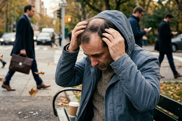 Causas externas de la caída del cabello - Hombre con alopecia avanzada debido a factores ambientales que afectan la estructura del folículo