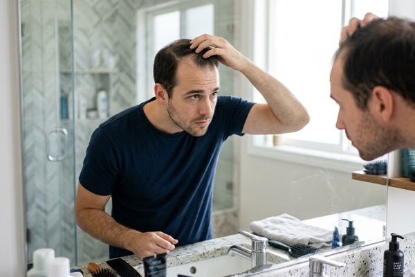 Hombre observando en el espejo el avance de la alopecia por no aplicarse un tratamiento capilar efectivo