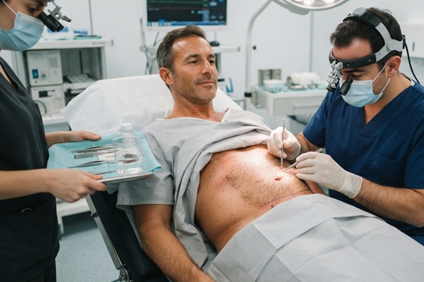Trasplante de pelo corporal - Cirujano capilar de la mejor clínica injerto capilar España realizando un trasplante de folículos del abdomen de un hombre