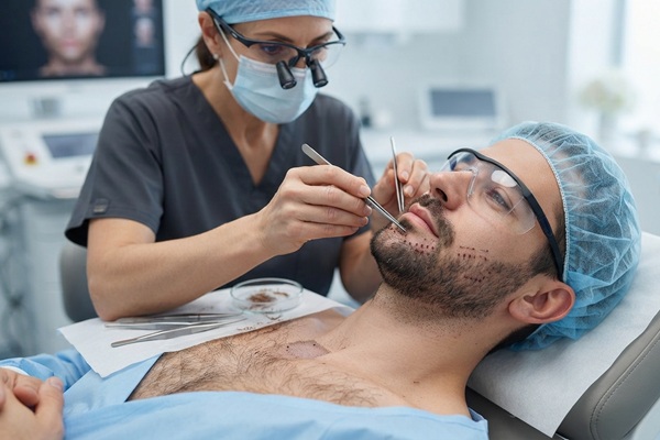 Trasplante de pelo corporal - Tricóloga realizando un Body Hair Transplant con folículos de la barba a un hombre con alopecia