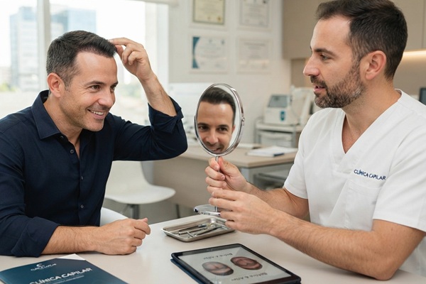 Hombre en consulta médica para evaluar los resultados del implante de cabello en la mejor clínica trasplante capilar España