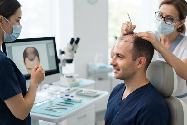 Cirujana capilar realizando el diseño del injerto capilar España a un hombre con alopecia avanzada